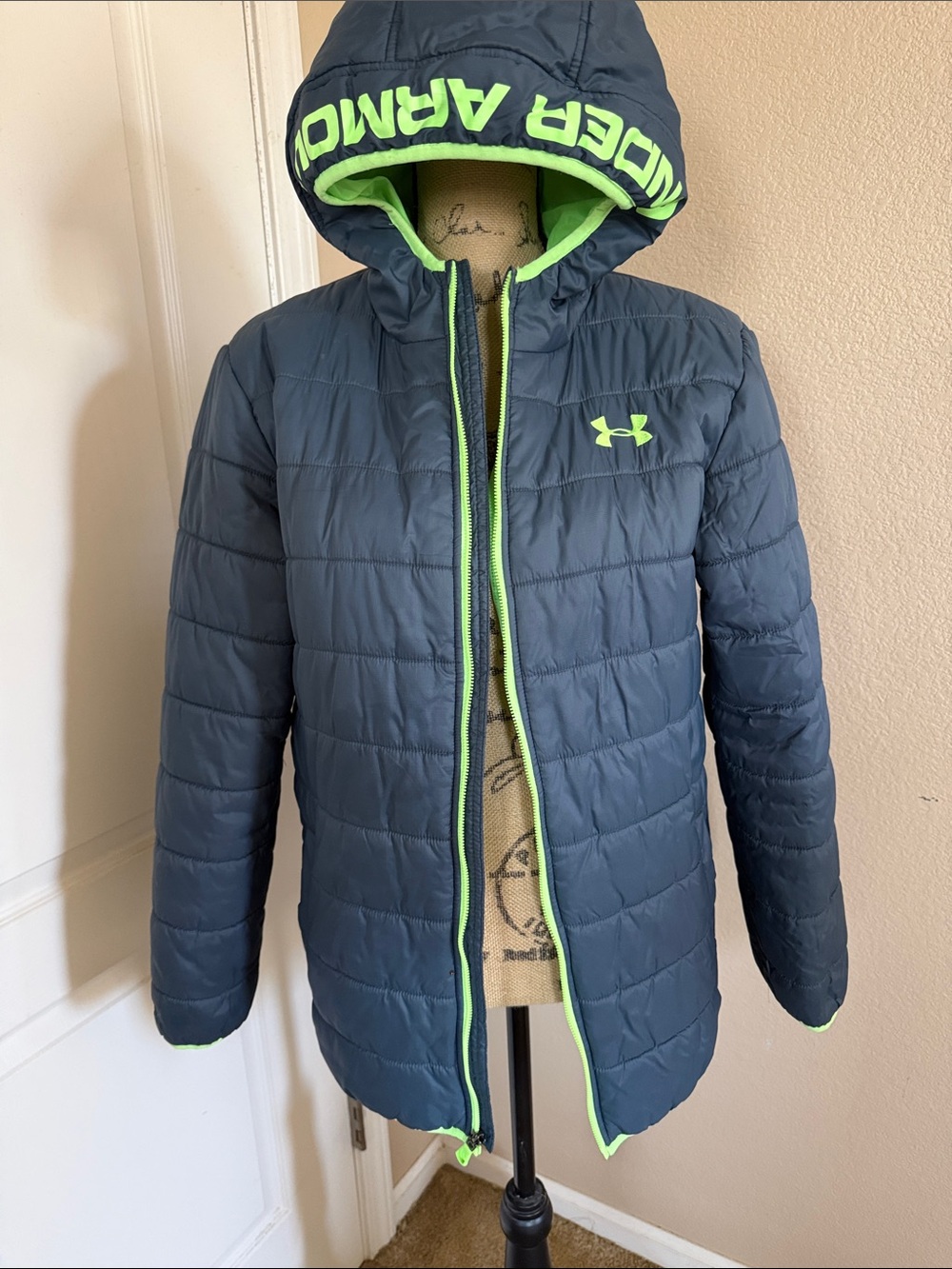 Under Armour Kids Navy Puffer Jacket with Neon Green Accents